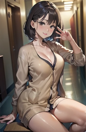 (The woman is wearing a long black dress.:1.8)、(Wearing a beige cardigan:1.5)(((From an angle where you can see the whole body)))Erotic brown skin、Older woman1people、highest quality、超High resolution、High resolution、Detailed CG、8k wallpaper、50 years old、Detailed and beautiful、(Brown and shiny body、:1.5) (In the school hallway) Crouching with legs spread