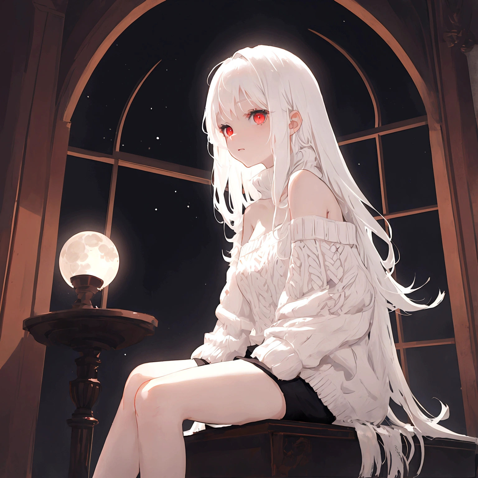 a young girl, shoulder length white hair, dark red eyes, wearing a fluffy white sweater and black shorts. she is sitting on an edge in a white room. there is a window in the room, the moon is shining through it.