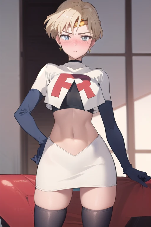 (best quality:1.1), (masterpiece:1.4), (absurdres:1.0),
1girl, sailor uranus, KizukiAi, mature woman, small breasts, aqua eyes, blonde hair, (blush:1.2), looking at viewer, team rocket,team rocket uniform,white skirt,red letter R,crop top,black thigh-highs,black elbow gloves
 