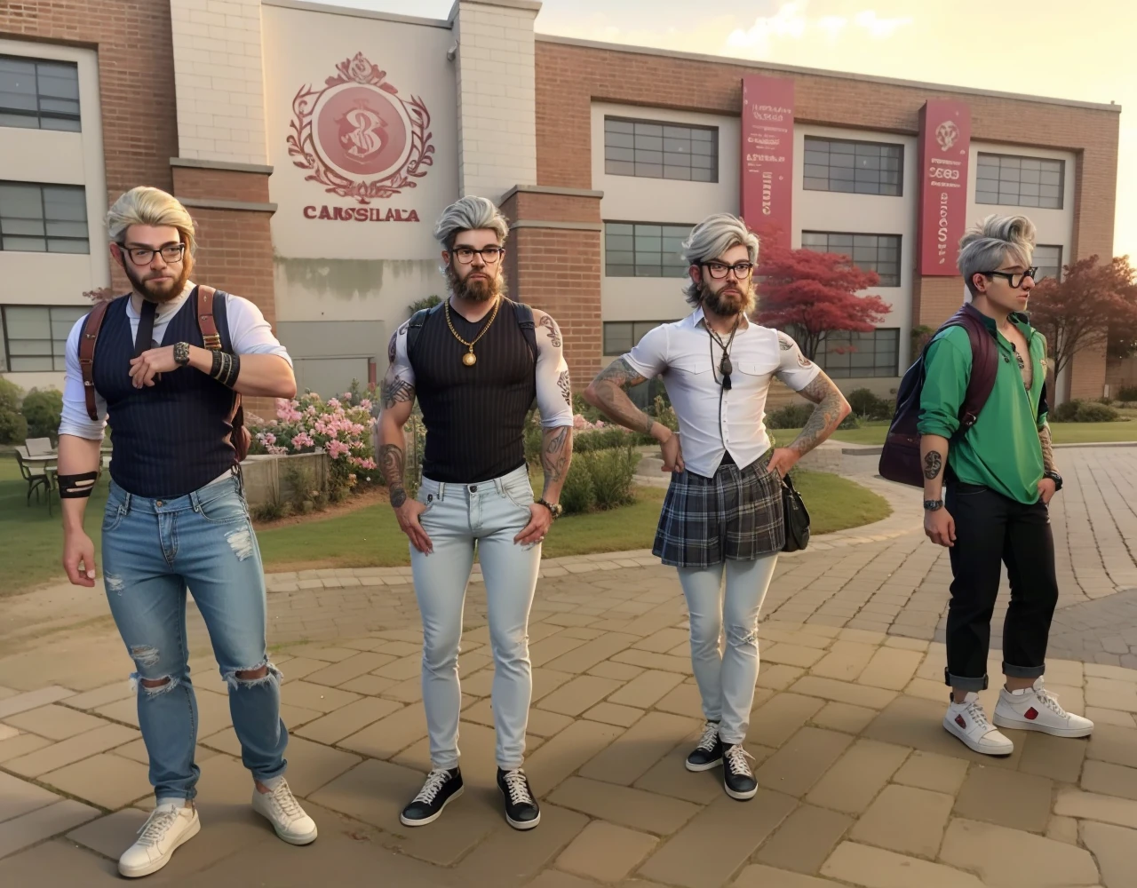 Best quality, glasses, tatto, ambiente escolar, adolescentes, cabelo longos curto, gold cord, denim trousers, camisa longa com gravata, saia, sapato branco, sapatilha, cabelo branco, cabelo loiro, 4 pessoas, 1 , 3 homens, barba