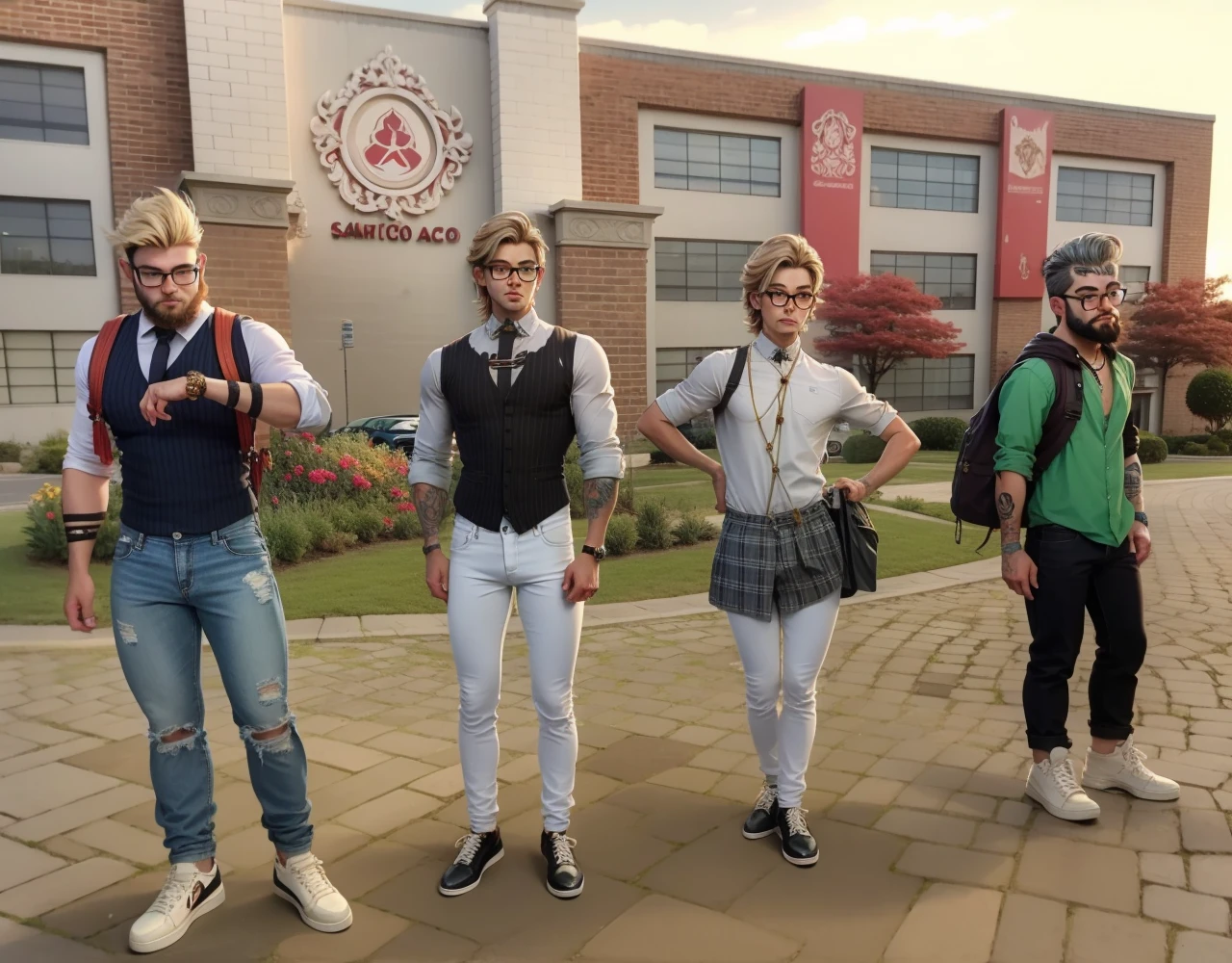 Best quality, glasses, tatto, ambiente escolar, adolescentes, cabelo longos curto, gold cord, denim trousers, camisa longa com gravata, saia, sapato branco, sapatilha, cabelo branco, cabelo loiro, 4 pessoas, 1 , 3 homens, barba