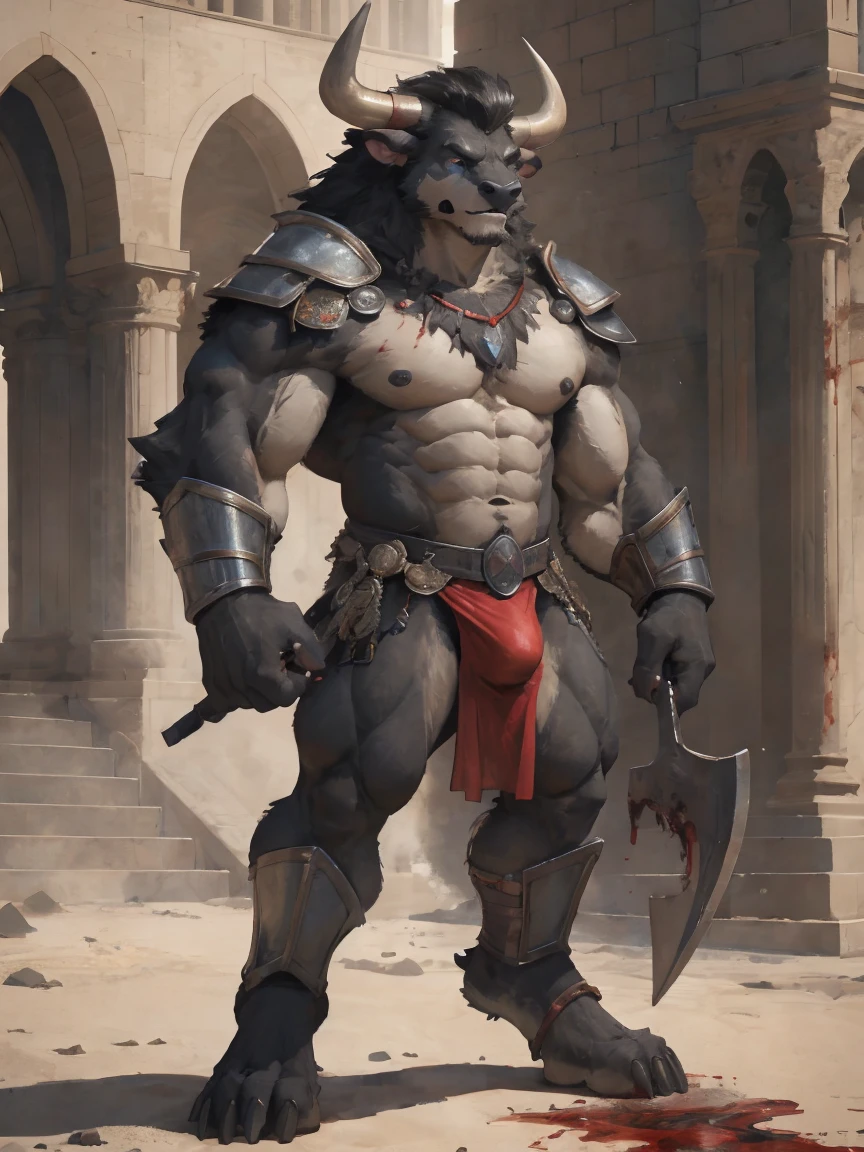 Minotaur, solo, gladiator_outfit, armor, shoulder armor, visible armor, coliseum_background, muscular, manly, hyper_muscles, flexing_muscles, perfect_eyes, perfect_face, perfect_body, perfect_hands, being_adorated by the spectators, happy, proud, holind axe, halfbody, colliseum_arena, inside_colliseum, sand_floor, arena battle,production cinematic rendering, 8K, HDR, RGB, Ultra-HD, global lighting with ray tracing, realism, realist, gray lights, realistic_desert_ambience, visible_pecs, by_nullghost, by_kenket, only_armor_on his shoulders, monster_body, beastial_morph, huge, size_difference, intimidating, muscular, bulge, battle_warrior, warrior, blood_on floor, blood_on_body, hyper_muscular, mutant, macro_minotaur, hyper_muscles,mane, hair_mane, realistic, realisticHD, DARK ART, gore, visible_abs, scar_on_abs, Blood_on_fists, Blood_on_body, blood_on_floor, cocky_face, showing off, black_fur, perfect_body, gore, dark_art. perfect_eyes, big_eyes, realistic, black_fur, good_eyes, blue_eyes, blackfur, minotaur
