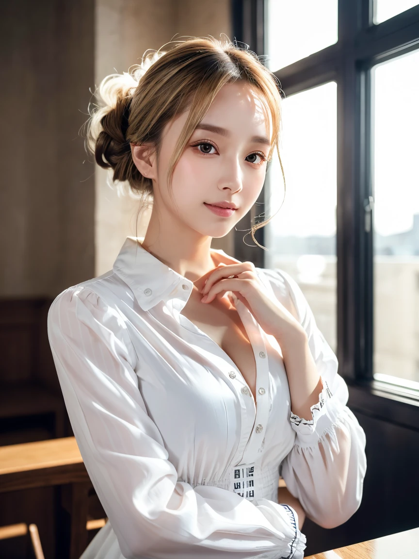 (Tabletop:1.3), (8k, Realistic, RAW Photos, highest quality: 1.4), Japanese, (One Girl), Beautiful Face, (Realistic Face), (Black Hair), Beautiful Hairstyles, Realistic eyes, Beautiful fine details, (Realistic Skin), Beautiful Skin, Charm, 超A high resolution, Surreal, Very detailed, Golden Ratio、 Show from waist to shoulders, Beautifully detailed skin, (cute:1.2), (Black Hair), ((JPOP Idol)), (Upper thigh:0.6), (Depth of written boundary),Soft Light, Lens Glow, View Viewer, (Droopy eyes:1.2), Straight teeth,smile, Floating Hair, (Blonde:1.2), Brown eyes, Movie Scenes, Cinematic, Full Color, 4K, 8k, 16K, RAW Photos, Tabletop, Professionally color coded, Professional photography, Cleavage,high school girl, Put your hair up, think,(Sweat,Haa)1.2,(blush,Open your mouth)1.3,Soft Clean Focus, Realistic lighting and shading, (Very delicate and beautiful art)1.3, elegant,Active Angle,Dynamism Pose, Realistic, (cute女の子:1.1), High resolution, Ultra Clear, Sharp focus, ,Cosplay, slim, transparent white cloth,Gray Hair, High Ponytail, (Off-White Damask Long Sleeve Shirt Dress:1.3), (Thom Browne designer dress:1.4), (Very detailed背景, Detailed background: 1.3), Bokeh, Depth of written boundary, China City Street, There is no one in the background,(Skirt flip、Pink Panties:1.1)