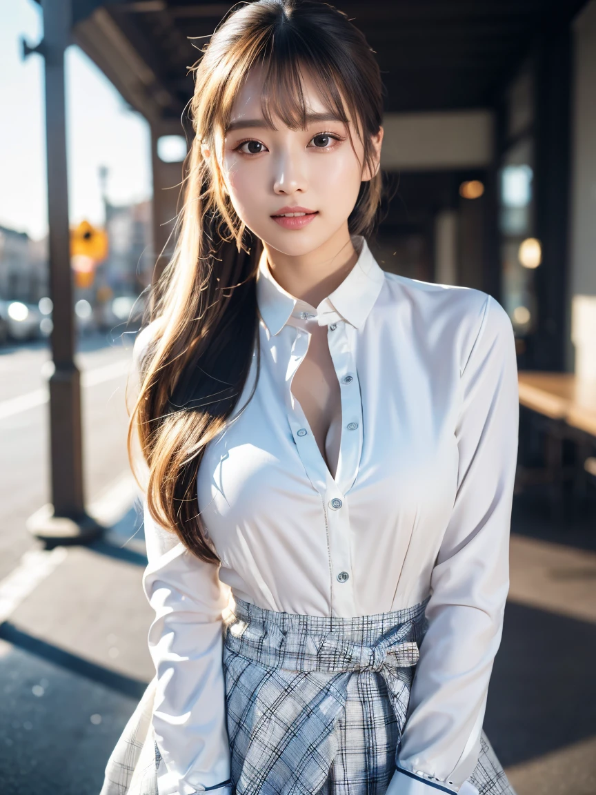 Best quality, masterpiece, ultra high res, (photorealistic:1.5), raw photo, 1girl, Official art, Raw photo, White dress shirts, Pretty Face, close up, Upper body, violaceaess, Beautiful Girl,Look at me and smile,Cinch West, thighs, Looking at Viewer, No makeup, (Smile:0.4), Film grain, chromatic abberation, Sharp Focus, face lights, clear lighting, , Detailed face, Bokeh background, (dark red necktie:1.1),