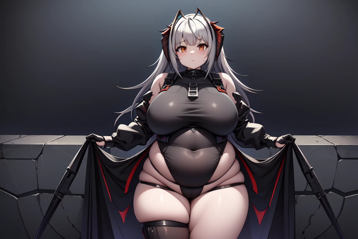 1girl, w_arknights, black bodysuit with blue parts, ancient space ruins, hi-tech armor pieces, face, fat legs, see through clothes, side boob