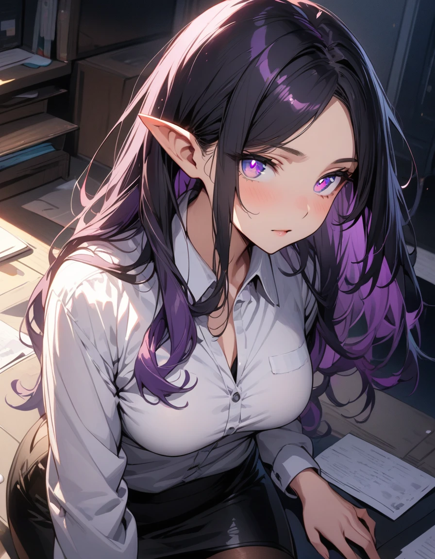 ((highest quality, masterpiece, ultra high definition, high resolution)), ((ultra-detailed illustrations:1.2)), 1 girl, solo, anime style, beautiful hair, parted bangs, loose hair, long hair, black hair, dark purple hair, multi colored hair, beautiful detailed eyes, beautiful detailed pupils, violet eyes, looking at viewer, pointed ears, mid-chest, white shirt, collared shirt, long sleeves, black mini skirt, pantyhose, shiny skin, shiny, indoor, office