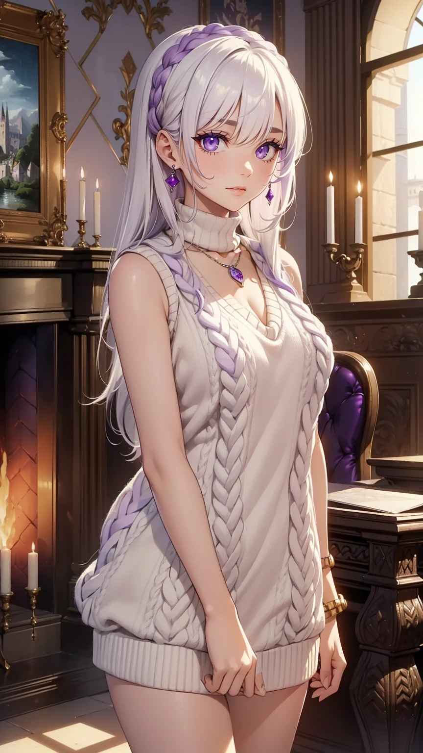 ((best quality)), ((masterpiece)), ((best quality)), ((masterpiece)), ((detailed)), Ridiculous resolution, high resolution, (masterpiece:1.4), Hyper-detailing, a young european woman. Necklace. ((Sleeveless wool v-neck sweater)). Fireplace. Castle. Standing. ((White hair)). She has bangs in her hair. Standing. ((Purple eyes)).