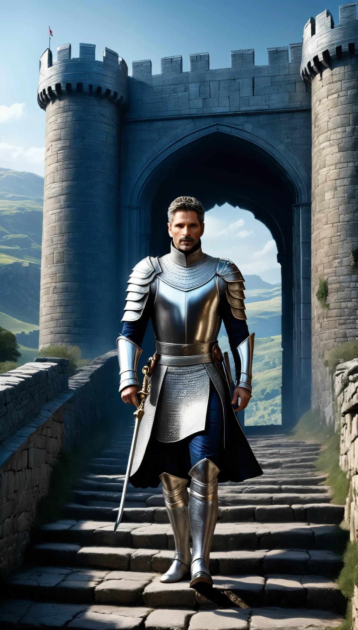 A spectacular sight that embodies Prince Hector{Troy Eric Bana}but、A man dressed in complete silver armor々He appears as a solitary figure from the steep gates of the castle.。In unparalleled resolution、This enchanting scene radiates pure mastery。Ultra-realistic and unified 8K wallpapers、Exceptional detail、Static Focus、Dynamic composition、And it&#39;s an official artwork that boasts meticulous attention to authenticity.。This masterpiece is、Artfully rendered with a digital SLR camera and clever studio lighting、It encapsulates a mesmerizing blend of light and shadow.。Prince Hector&#39;s Hall々A firm expression and a resolute attitude，Eric Bana&#39;s stern look