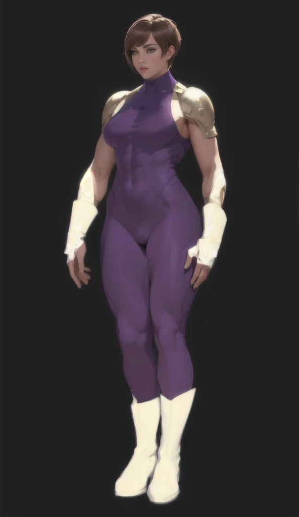 ((best quality)), ((4k)), ((highres)), ((masterpiece:1.2)). ((detailed)), ((ultra realistic)), ((intricate details)), ((full body picture)), ((character design sheet)), ((blank background)), ((standing in a blank background)), a full body shot of a beautiful european female in a skin-tight purple outfit and white-gold boots, cute face, doll-like face, pixie haircut, brown hair, vivid green eyes, athletic body, muscular arms, muscular and feminine, flat abs, full body concept, full body render, full body portrait of a short!, full body details, purple bodysuit, detailed full body concept, full body close-up shot, !!full body portrait!!, full body portrait, full character body, full body with costume, zoomed out full body