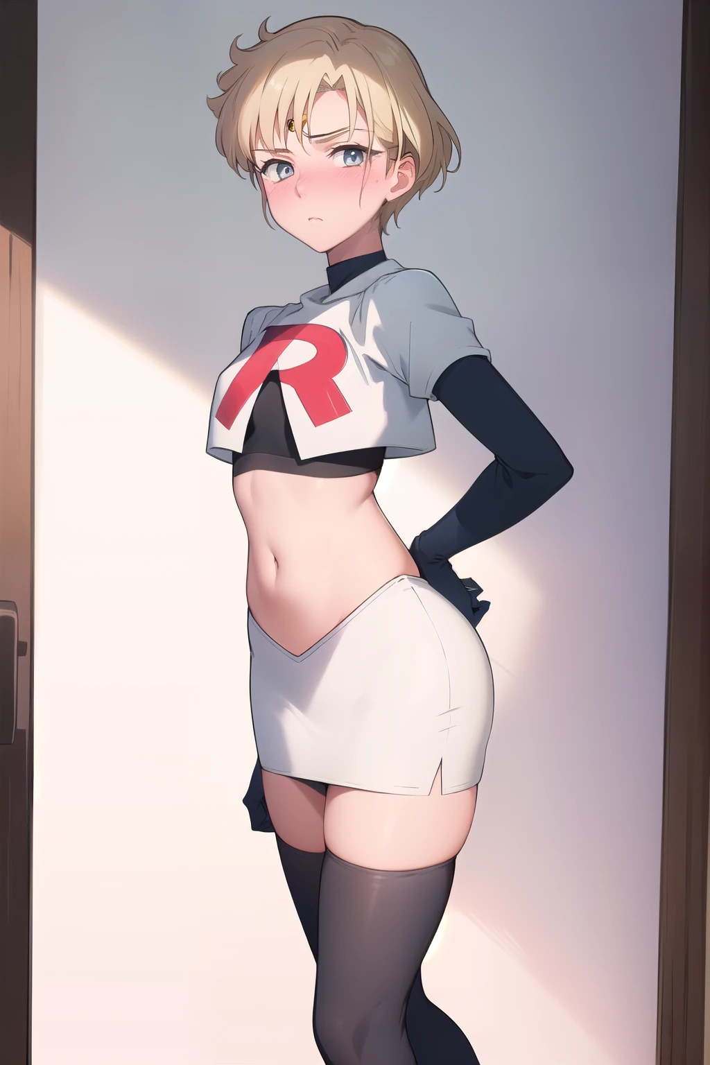 (best quality:1.1), (masterpiece:1.4), (absurdres:1.0),
1girl, sailor uranus, KizukiAi, mature woman, small breasts, aqua eyes, blonde hair, (blush:1.2), looking at viewer, team rocket,team rocket uniform,white skirt,red letter R,crop top,black thigh-highs,black elbow gloves