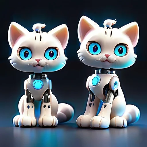 high quality amazing detailed art of a cute standing cat on four legs, white fur happy face, cute robotic blue eyes, high tech accessories, robotic paws