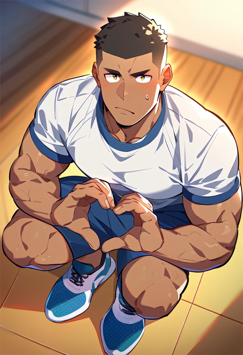 1boy, male focus, dark-skinned male, dark skin, squatting, heart hands, bara, wooden floor, floor, indoors, gym uniform, sneakers, shoes, solo, looking at viewer, frown, sweatdrop, very short hair, best quality, amazing quality, best aesthetic, absurdres, year 2023