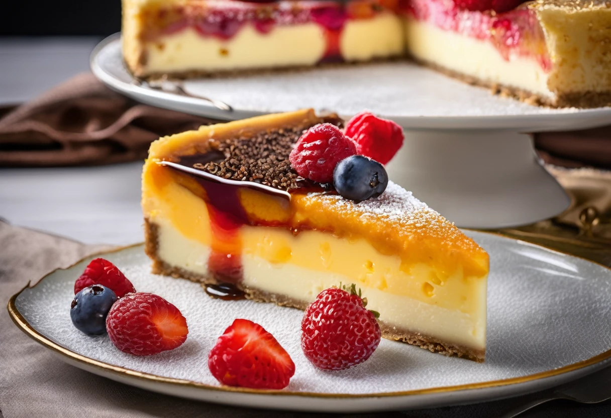 Hermosa y deliciosa tarta de queso,rebanada de tarta de queso,textura cremosa,ricos sabores,corteza mantecosa,Postre decadente,Amantes de los postres,food photograph,colores vibrantes,Deliciosos aderezos,Agua en la boca,Capricho indulgente,Postre tentador,irresistible aroma,Delicate presentation,sabor celestial,Deliciosamente suave,perfectamente horneado,Cheesecake factory quality,Tarta de queso crème brulee,Tarta de queso con remolino de fresa,Divine creation,artistic masterpiece,Layered perfection,rustic elegance,Superbly plated,explosion of flavors,delicia deliciosa,Bite-sized pleasure,Cocina creativa,obra maestra culinaria,estilo de comida,Agua en la boca dessert image,stunning composition,antojos tentadores,aesthetic delight,Sabores vivos,Bakery showcase,indulgencia decadente,Lujosa experiencia de postre,Dessert Dreamland,Entusiastas de la comida.