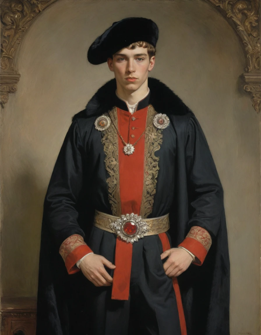 Design me a {{Colossal Masterpiece, high detail}}, a ((((full body portrait, male focus)))), ((by  Joseph Karl Stieler)), (by J. C. Leyendecker), the composition is: (((a very young male nobleman, sullen, facing viewer. He is wearing a fur hat. He is wearing a black Slavic caftan with Praetorian elements, sashes, medals, red diamond pendants)))