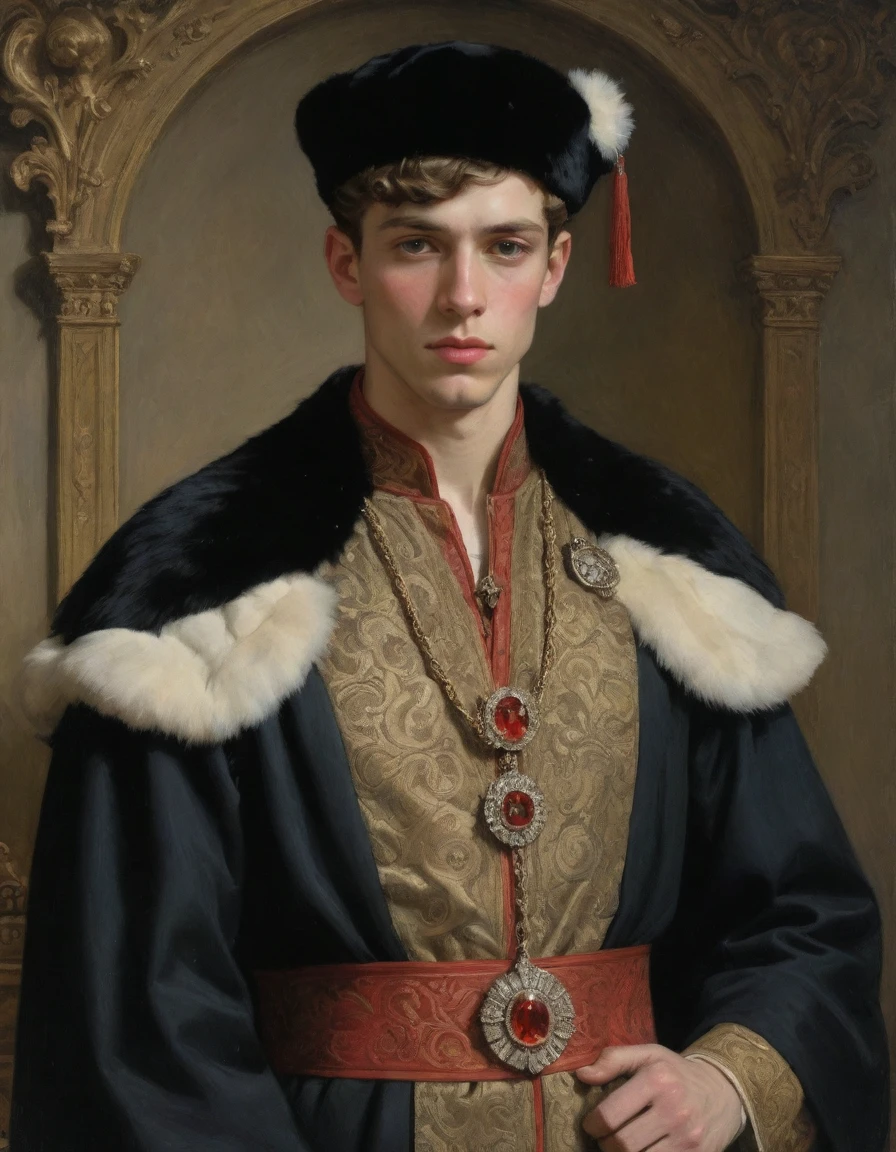 Design me a {{Colossal Masterpiece, high detail}}, a ((((full body portrait, male focus)))), ((by  Joseph Karl Stieler)), (by J. C. Leyendecker), the composition is: (((a very young male nobleman, sullen, facing viewer. He is wearing a fur hat. He is wearing a black Slavic caftan with Praetorian elements, sashes, medals, red diamond pendants)))