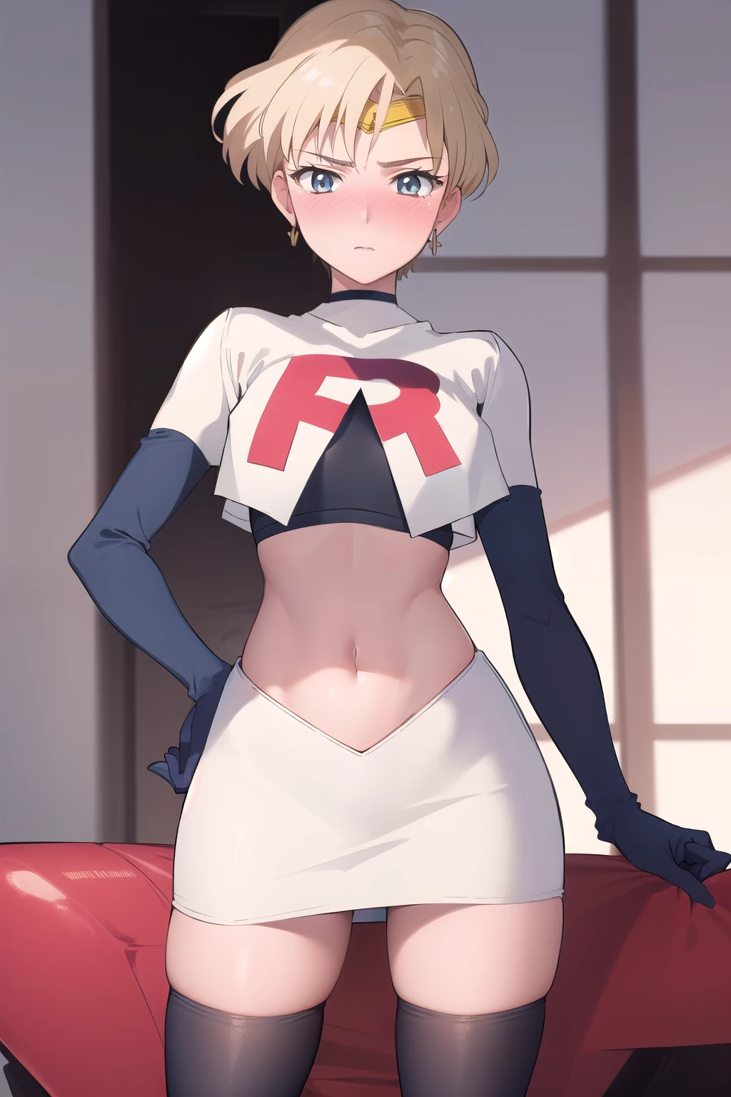 (best quality:1.1), (masterpiece:1.4), (absurdres:1.0),
1girl, sailor uranus, KizukiAi, mature woman, small breasts, aqua eyes, blonde hair, (blush:1.2), looking at viewer, team rocket,team rocket uniform,white skirt,red letter R,crop top,black thigh-highs,black elbow gloves