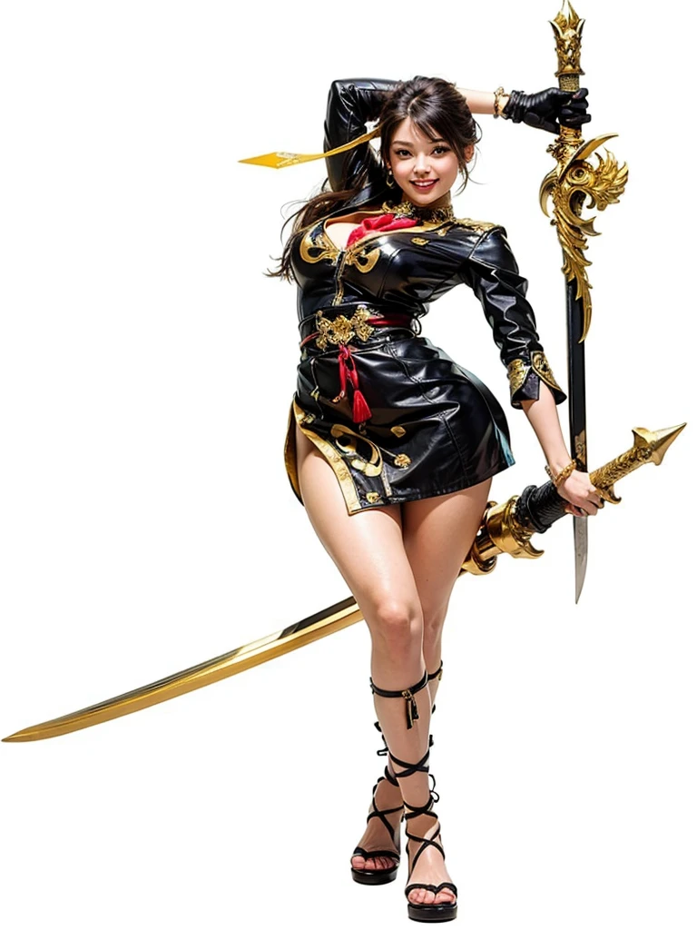 Close-up shot of a young girl wearing a black and gold miniskirt and holding two swords,Smile,Full body close-up