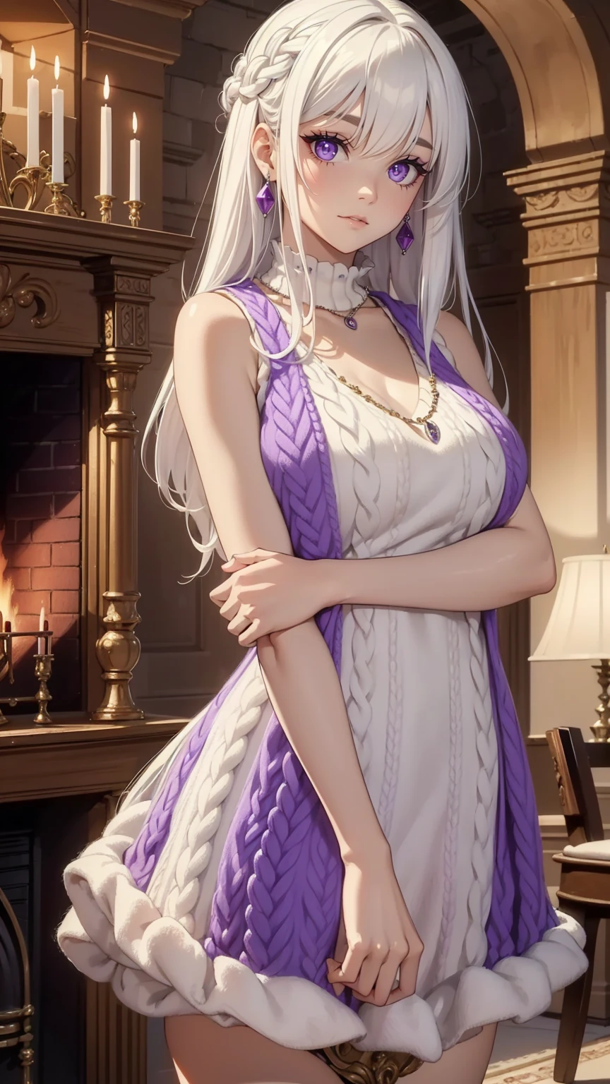 ((best quality)), ((masterpiece)), ((best quality)), ((masterpiece)), ((detailed)), Ridiculous resolution, high resolution, (masterpiece:1.4), Hyper-detailing, a young european woman. Necklace. ((Sleeveless wool v-neck sweater)). Fireplace. Castle. Standing. ((White hair)). She has bangs in her hair. Standing. ((Purple eyes)).