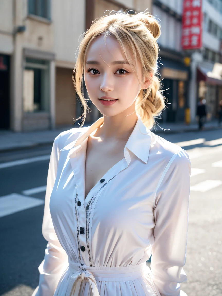 (Tabletop:1.3), (8k, Realistic, RAW Photos, highest quality: 1.4), Japanese, (One Girl), Beautiful Face, (Realistic Face), (Black Hair), Beautiful Hairstyles, Realistic eyes, Beautiful fine details, (Realistic Skin), Beautiful Skin, Charm, 超A high resolution, Surreal, Very detailed, Golden Ratio、 Show from waist to shoulders, Beautifully detailed skin, (cute:1.2), (Black Hair), ((JPOP Idol)), (Upper thigh:0.6), (Depth of written boundary),Soft Light, Lens Glow, View Viewer, (Droopy eyes:1.2), Straight teeth,smile, Floating Hair, (Blonde:1.2), Brown eyes, Movie Scenes, Cinematic, Full Color, 4K, 8k, 16K, RAW Photos, Tabletop, Professionally color coded, Professional photography, Cleavage,high school girl, Put your hair up, think,(Sweat,Haa)1.2,(blush,Open your mouth)1.3,Soft Clean Focus, Realistic lighting and shading, (Very delicate and beautiful art)1.3, elegant,Active Angle,Dynamism Pose, Realistic, (cute女の子:1.1), High resolution, Ultra Clear, Sharp focus, ,Cosplay, slim, transparent white cloth,Gray Hair, High Ponytail, (Off-White Damask Long Sleeve Shirt Dress:1.3), (Thom Browne designer dress:1.4), (Very detailed背景, Detailed background: 1.3), Bokeh, Depth of written boundary, China City Street, There is no one in the background,(Skirt flip、Pink Panties:1.1)