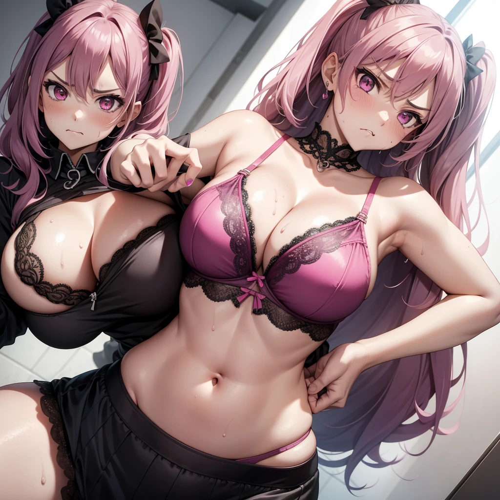girl big breast 24 year old,pastel goth kawaii, fuscia magenta, lace bra, hands on hips sweating, angry annoyed
