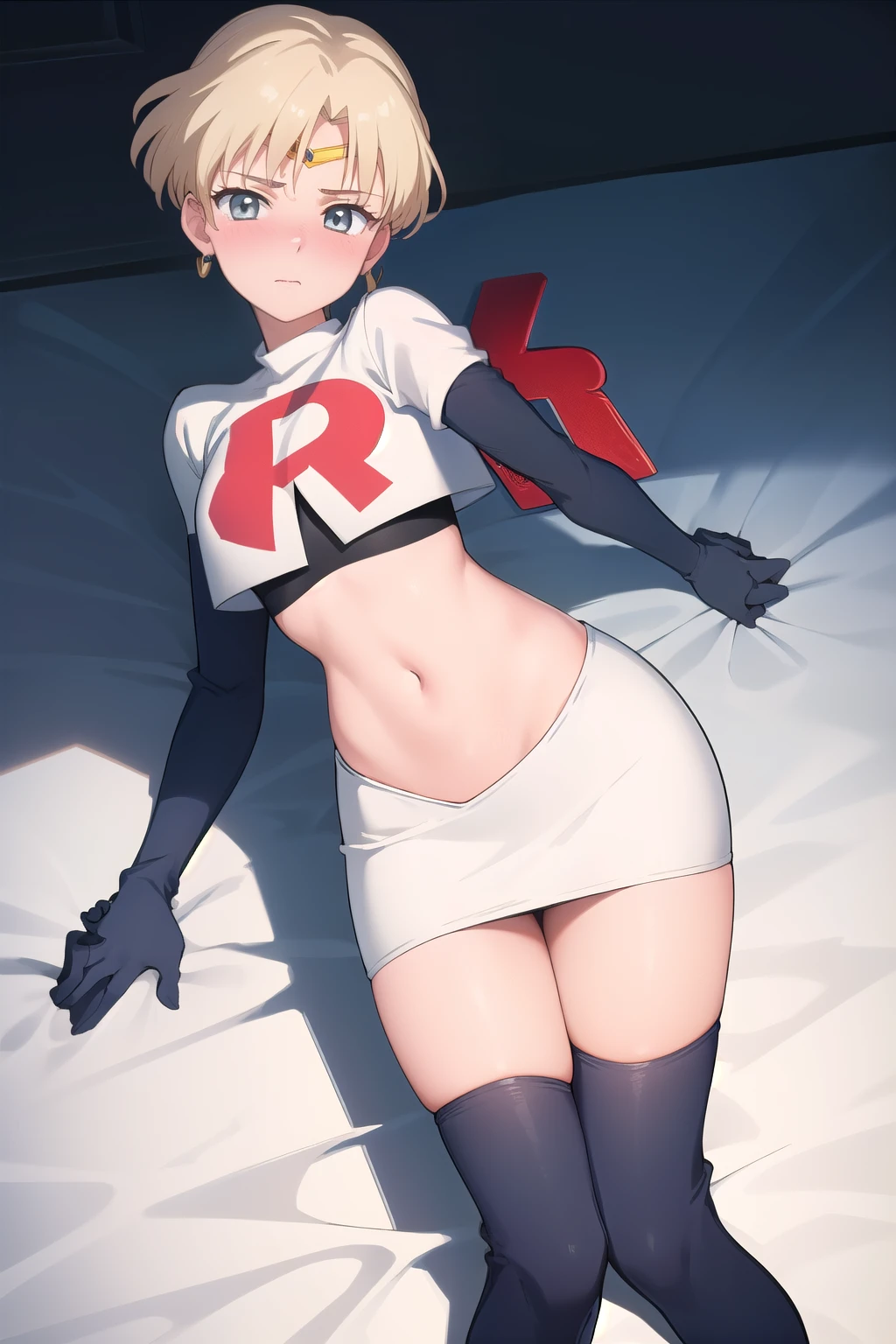 (best quality:1.1), (masterpiece:1.4), (absurdres:1.0),
1girl, sailor uranus, KizukiAi, mature woman, small breasts, aqua eyes, blonde hair, (blush:1.2), looking at viewer, team rocket,team rocket uniform,white skirt,red letter R,crop top,black thigh-highs,black elbow gloves