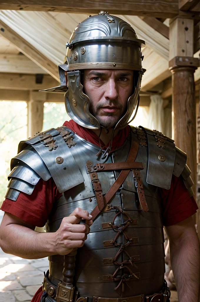 a photo of a rugged man wearing loriseg armor and helmet in an ancient temple interior, red tunic, backlight, dimly lit, cowboy shot, huging a  roman noble girl, (slim body, light brown hair, blueish eyes, ultra detailed noble yet seductive face), 16K, ultra high res.photorealistic, UHD, RAW