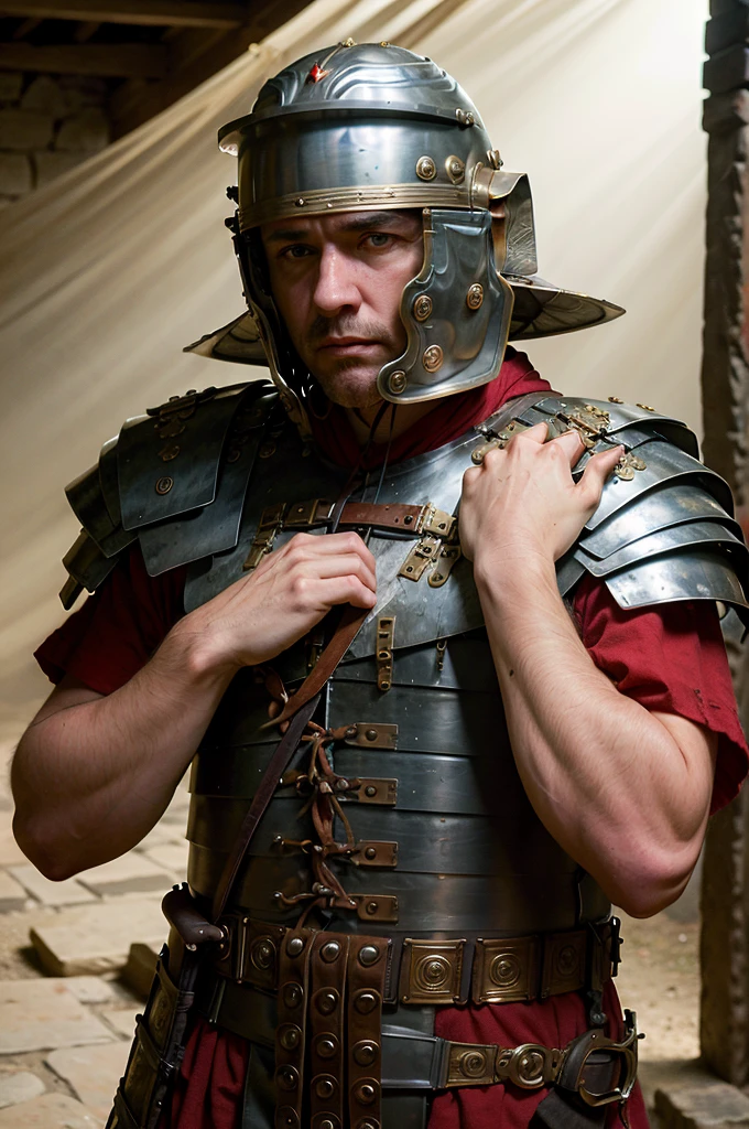 a photo of a rugged man wearing loriseg armor and helmet in an ancient temple interior, red tunic, backlight, dimly lit, cowboy shot, huging a 14 years old roman noble girl, (slim body, light brown hair, blueish eyes, ultra detailed noble yet seductive face), 16K, ultra high res.photorealistic, UHD, RAW