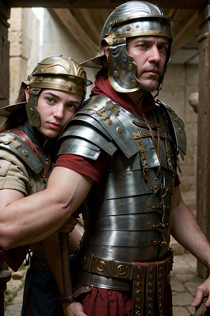 a photo of a rugged man wearing loriseg armor and helmet in an ancient temple interior, red tunic, backlight, dimly lit, cowboy shot, huging a 14 years old roman noble girl, (slim body, light brown hair, blueish eyes, ultra detailed noble yet seductive face), 16K, ultra high res.photorealistic, UHD, RAW