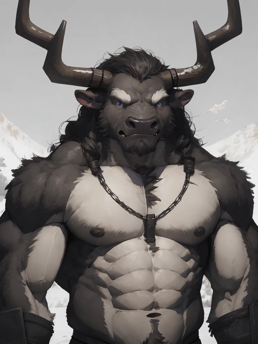 Minotaur, solo, muscular, perfect_eyes, perfect_face, abs, big_chest,wide_body, muscular_arms, winter, snowforest_background, solo, minotaur, theets, angry