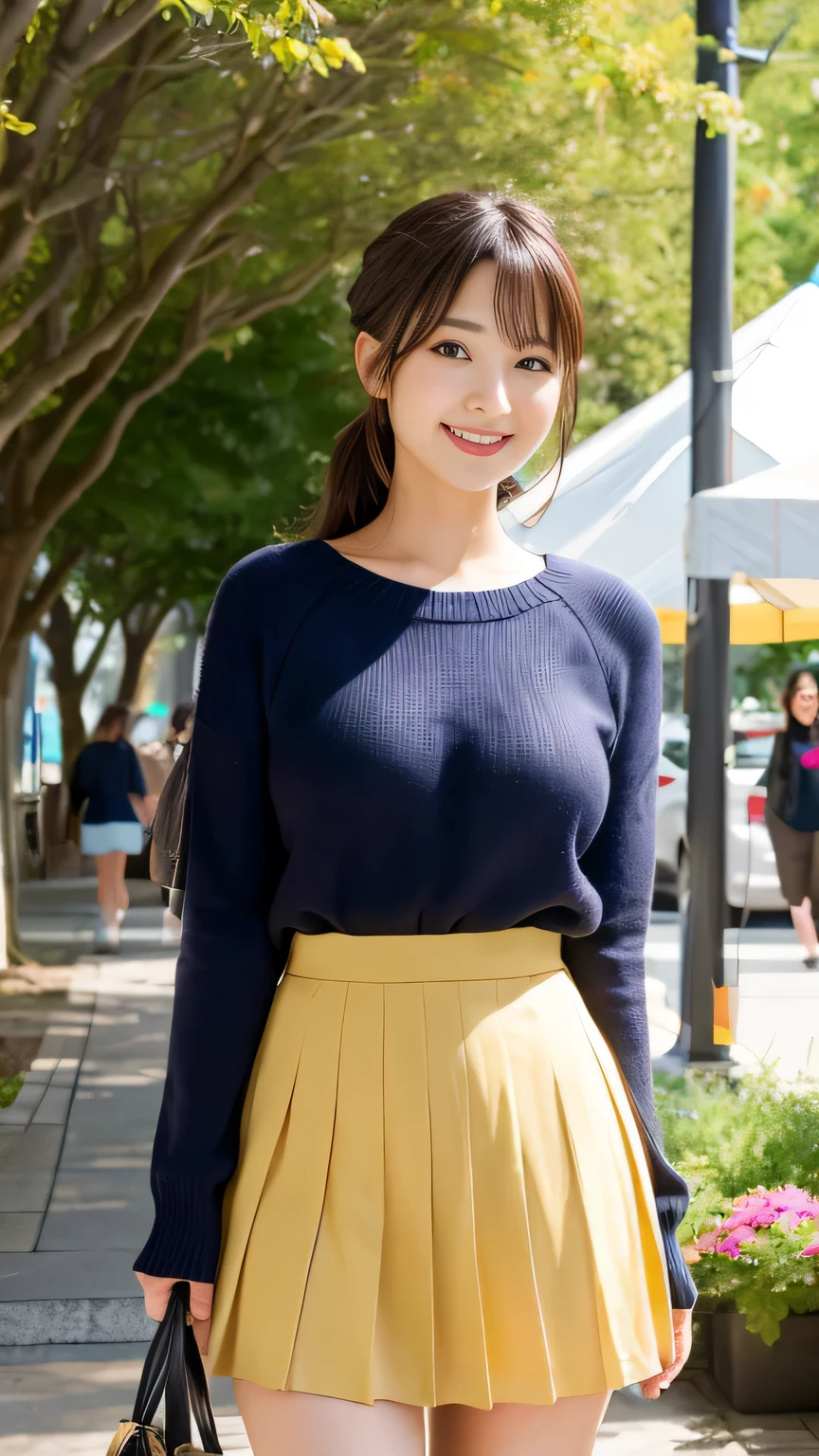(realistic, photo-realistic:1.4), (extremely detailed 8k wallpaper), bokeh, detailed beautiful eyes and skin, (Image from thighs to head:1.3), solo, (Japanese idol:1.3), 25yo, beautiful woman, smile, (large breast:1.2), full body, 
Ochre yellow pleated skirt, navy blue sweater, tortoiseshell sunglasses, Casual sophistication, Weekend art fair, Canvas tents and artwork displays,