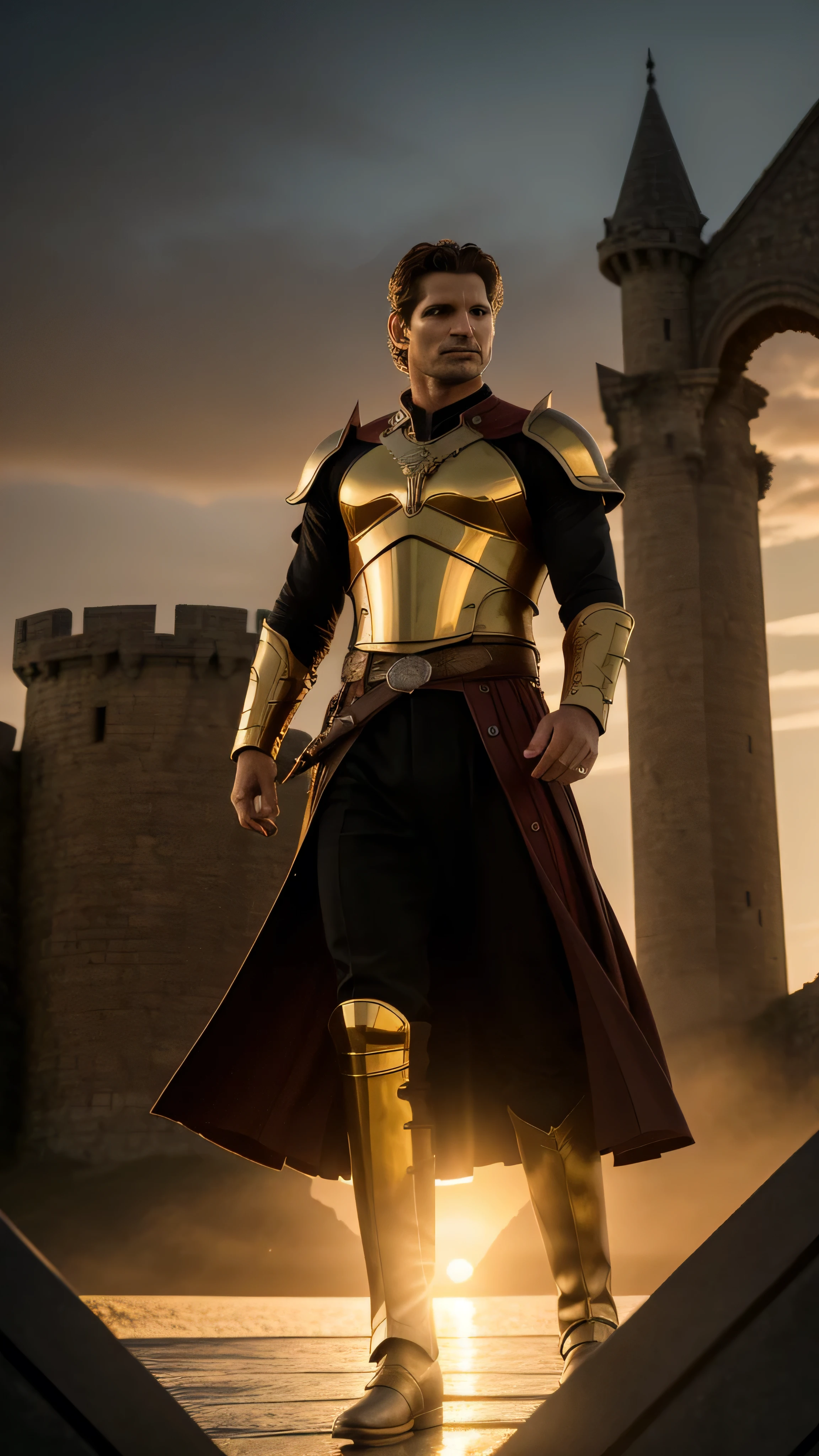 A cinematic masterpiece (2.4), {Troy Eric Bana} (1.5), solo, in a majestic, high-definition scene (8K, photorealistic realism, lomography) from the epic movie, dressed in royal armor and armed to the teeth, he exits the grand, imposing castle gate (hyper-detailed, intricate, with a warm, golden glow indicative of the setting sun) alone. His chiseled features, radiating an aura of regality and determination, are captured in the finest detail (from the front, with a sharp focus, full body portrait) against a backdrop of the sprawling kingdom's walls and towers