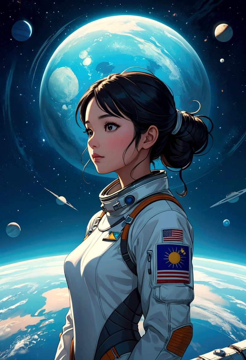Name "Uranus 2324" A A captivating sci-fi anime illustration featuring the astronaut (Sarocha Chankimha), a beautiful Asian woman with long, dark hair tied in a bun, gazing, wistfully, at a distant space station in the midst with a starry background and the silhouette of Uranus and its wonderful rings. Around the station are several planets, creating a stunning view of the mysterious space universe. The astronaut suit has a retro-futuristic design reminiscent of classic science fiction movies and on its sleeve it has the identification and flag of Thailand. The background is a mix of deep space and an underwater scene with a freediver (Rebeca P. Armstrong) swimming, highlighting the connection between the virtual and real worlds. The text "LOVE IS DEEPER THAN THE OCEAN. BIGGER THAN THE UNIVERSE." It is displayed in a bold and futuristic typography, highlighting the theme of adventure and exploration.
Below the image it reads "@SusyFandi" in a futuristic font.