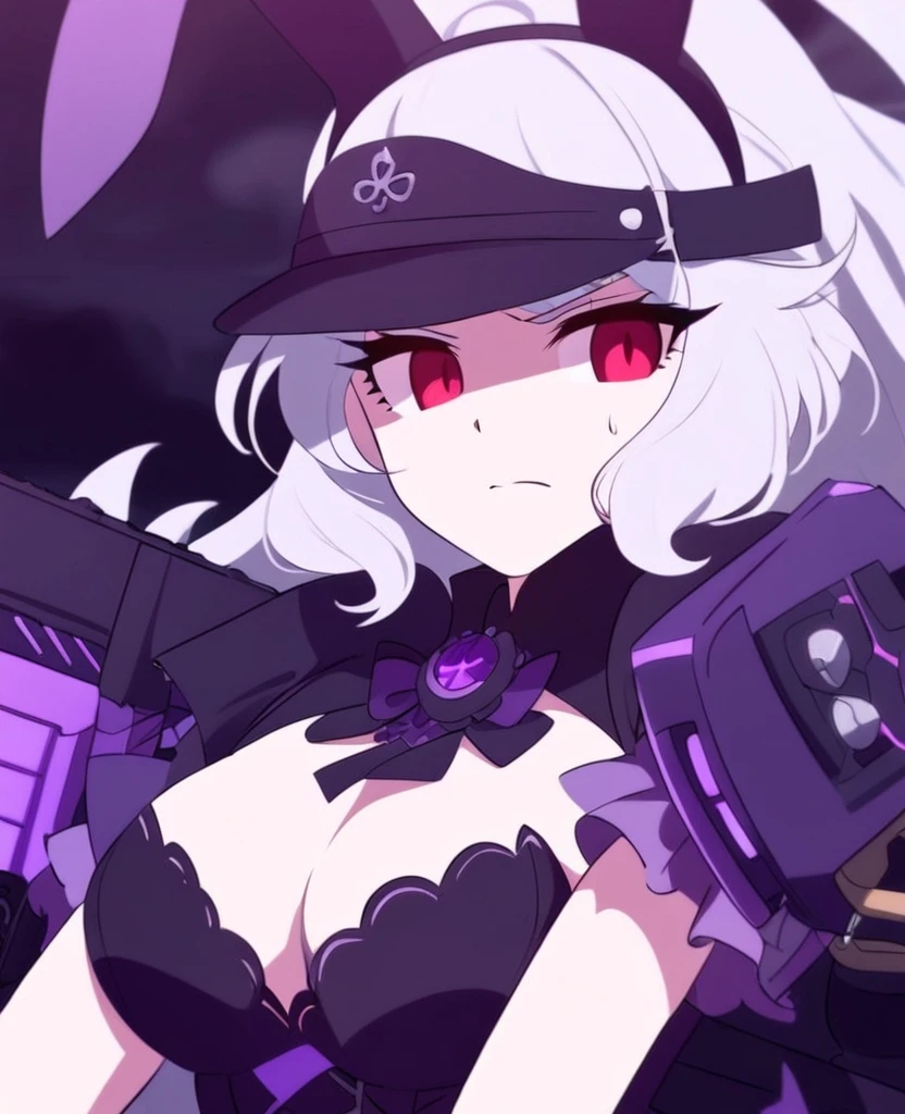 Make me a RWBY OC. She is a bunny faunus girl. Her weapon being these purple machine guns. She's shy and quiet, but gets angry and hot-blooded in battle. She has long white hair and red eyes. Draw in RWBY Ice Queendom artstyle. She wears a dark and purple steampunk like outfit.