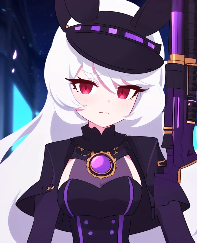 Make me a RWBY OC. She is a bunny faunus girl. Her weapon being these purple machine guns. She's shy and quiet, but gets angry and hot-blooded in battle. She has long white hair and red eyes. Draw in RWBY Ice Queendom artstyle. She wears a dark and purple steampunk like outfit.