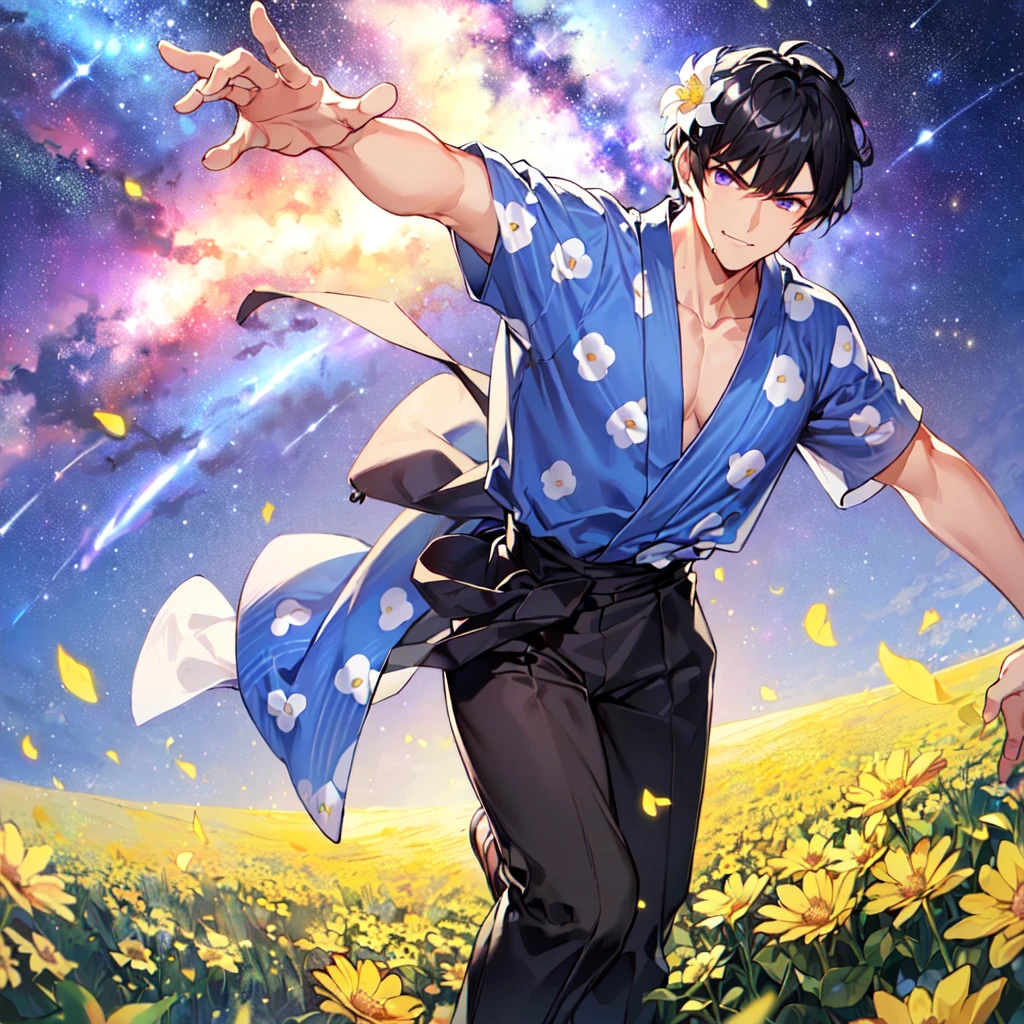 masterpiece,best quality,high quality,(1 male austere handsome solo adult age 30 years:1.5), purple eyes, cool with suspended eyes, V-shaped eyebrows, body strong and fearless 8.5 head tall, height 185 cm, (well-groomed black short hair to neck: 1.4), (bangs 7 thirds parted: 1.4), slender nose, facial muscles, throat, (trousers with yukata short sleeved southern star print: 1.3), (running), (stylish pose), (scowling smile: 1.3), (dynamic pose), (background Milky Way and southern star flower field: 1.5).