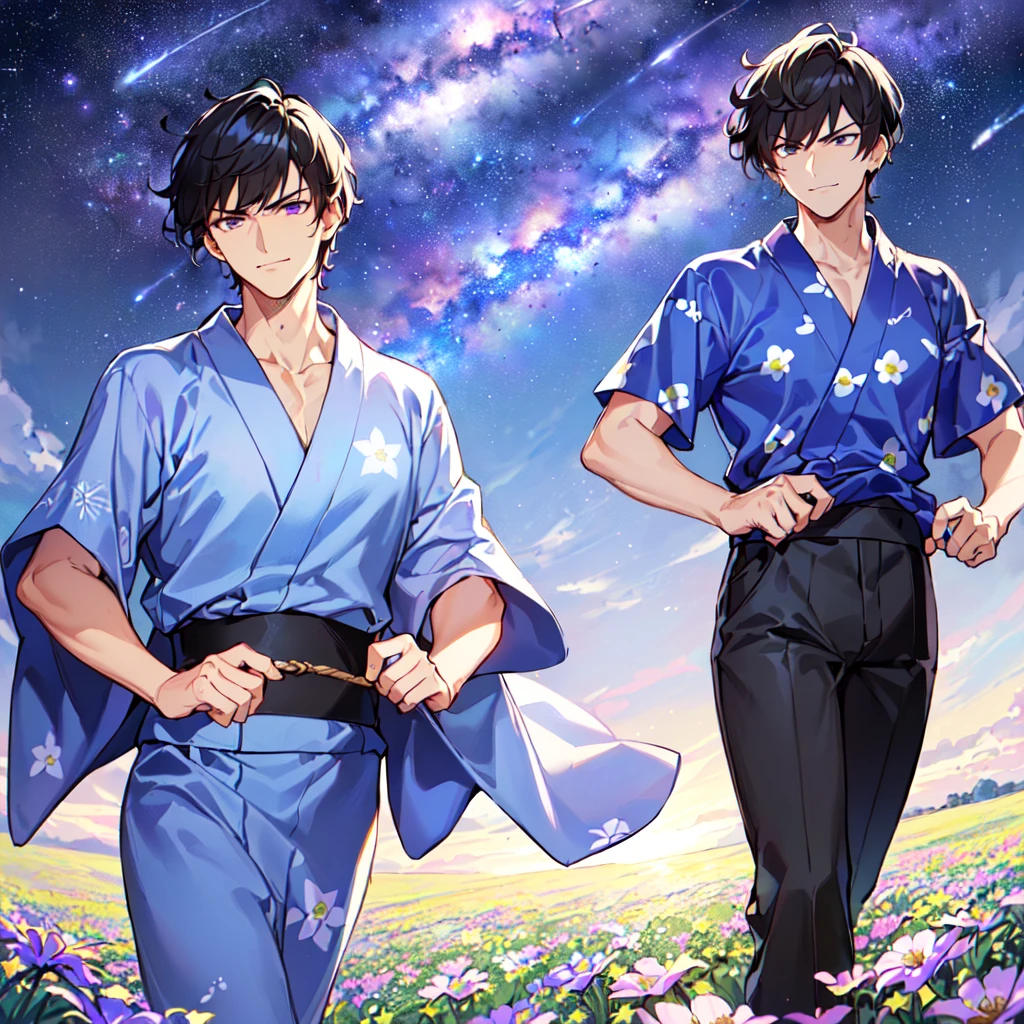 masterpiece,best quality,high quality,(1 male austere handsome solo adult age 30 years:1.5), purple eyes, cool with suspended eyes, V-shaped eyebrows, body strong and fearless 8.5 head tall, height 185 cm, (well-groomed black short hair to neck: 1.4), (bangs 7 thirds parted: 1.4), slender nose, facial muscles, throat, (trousers with yukata short sleeved southern star print: 1.3), (running), (stylish pose), (scowling smile: 1.3), (dynamic pose), (background Milky Way and southern star flower field: 1.5).