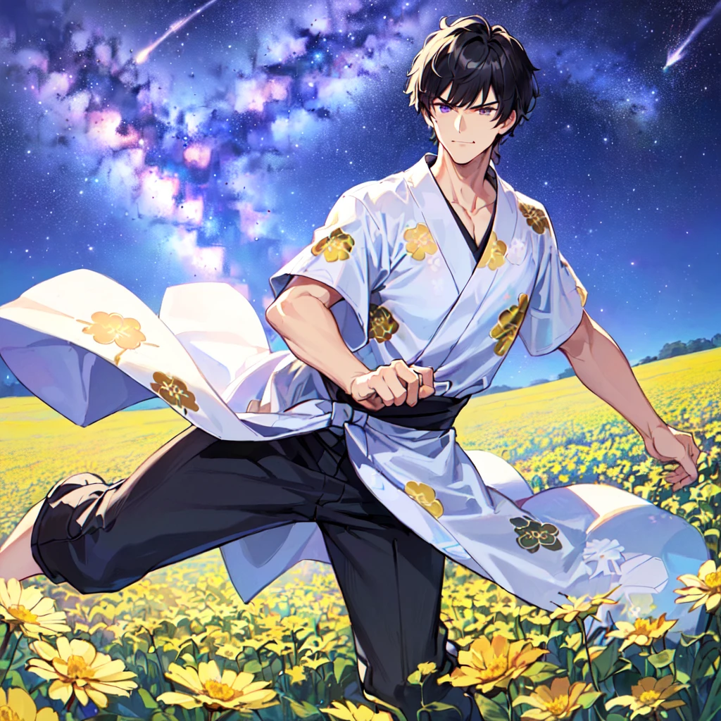 masterpiece,best quality,high quality,(1 male austere handsome solo adult age 30 years:1.5), purple eyes, cool with suspended eyes, V-shaped eyebrows, body strong and fearless 8.5 head tall, height 185 cm, (well-groomed black short hair to neck: 1.4), (bangs 7 thirds parted: 1.4), slender nose, facial muscles, throat, (trousers with yukata short sleeved southern star print: 1.3), (running), (stylish pose), (scowling smile: 1.3), (dynamic pose), (background Milky Way and southern star flower field: 1.5).