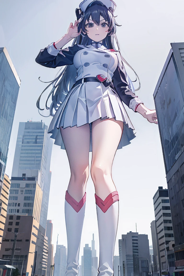 Girl taller than the building，from below, round and large eyes、tallgts,giantess，Full body photo，BuildingSeat, white uniform，Big breasts，pencil skirts，，white boots，cleveage of the breast、a miniskirt、Modern miniature buildings、top-quality、Watercolor style、stomping