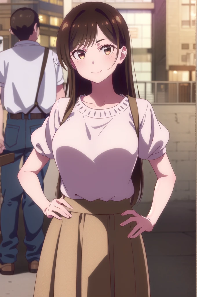 mizuharachizuru, Chizuru Ichinose, Long Hair, bangs, Brown Hair, (Brown eyes:1.5), One side up, smile,
break skirt, shirt, Short sleeve, Puffy sleeves, puffy Short sleeve, White Skirt, pink shirt,
break outdoors, city, cityscape, crowd, people々,
break looking at viewer, (Cowboy Shot:1.5),
break (masterpiece:1.2), highest quality, High resolution, unity 8k wallpaper, (figure:0.8), (Beautiful fine details:1.6), Highly detailed face, Perfect lighting, Highly detailed CG, (Perfect hands, Perfect Anatomy),