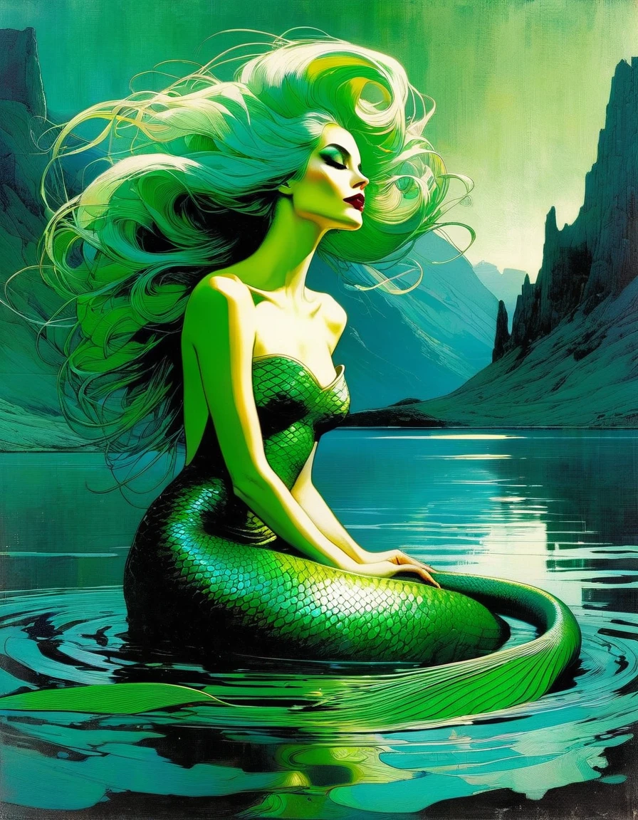 green hair, She is a mermaid with a long tail of fish and very beautiful, she is sitting cheerful and quiet, in the lake with an enclosed mountain, low and bright Darksynth aesthetic, minimalist background, gothic makeup, weird fashion photography, ultra detailed, masterpiece. night, God, full body， Decorative panels， Abstract artistic， Alphonse Mucha （tmasterpiece， Best quality， A high resolution： 1.4）， A detailed， Complicated details，(art inspired by Bill Sienkiewicz) oil painting, details of brush strokes that enhance depth)
