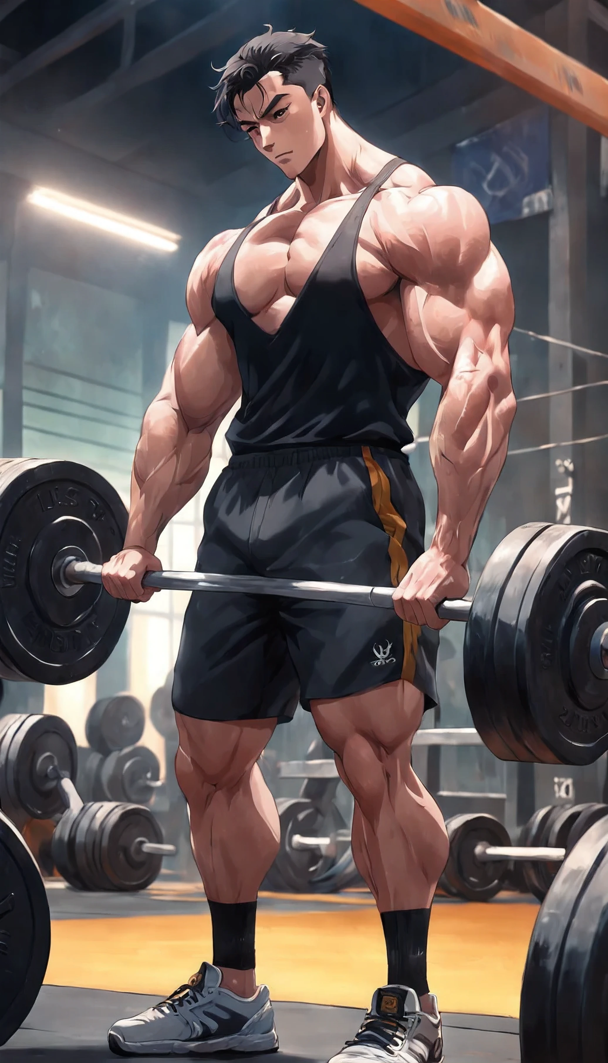 (((male))), (((mejor calidad))), (((obra maestra))), (((adolescente mexicana))), (((carrocero))), ((150 kilogramos)) 20 years old, en el gimnasio, levantando pesas, pantalones cortos negros sin camisa.