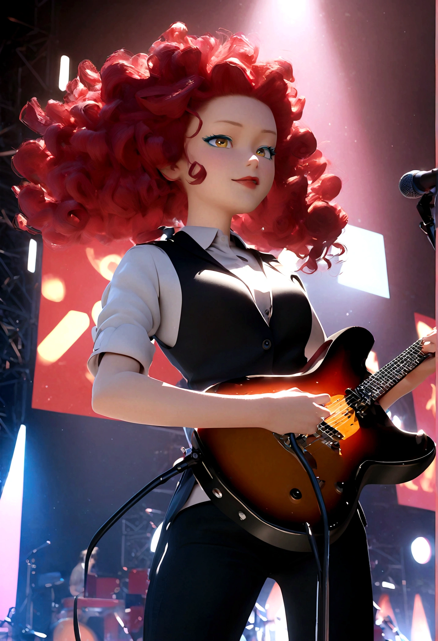 Pixar-style 3D animation, animate, real, 1 girl,30 years old,medium hair,((perm)),wavy hair,red hair,forehead,Voluminous curly hair,Light blue eyeshadow,red eyebrows,yellow eyes,tsurime,narrow eyes,half opend eyes,red lips,Confident expression,light smile,calm,black vest,white shirt,collared shirt,Unbutton the top button of shirt,black pants, BREAK standing,singing,play the red guitar,stage,The background features bold,colorful lettering and stage lights,capturing a lively,energetic performance