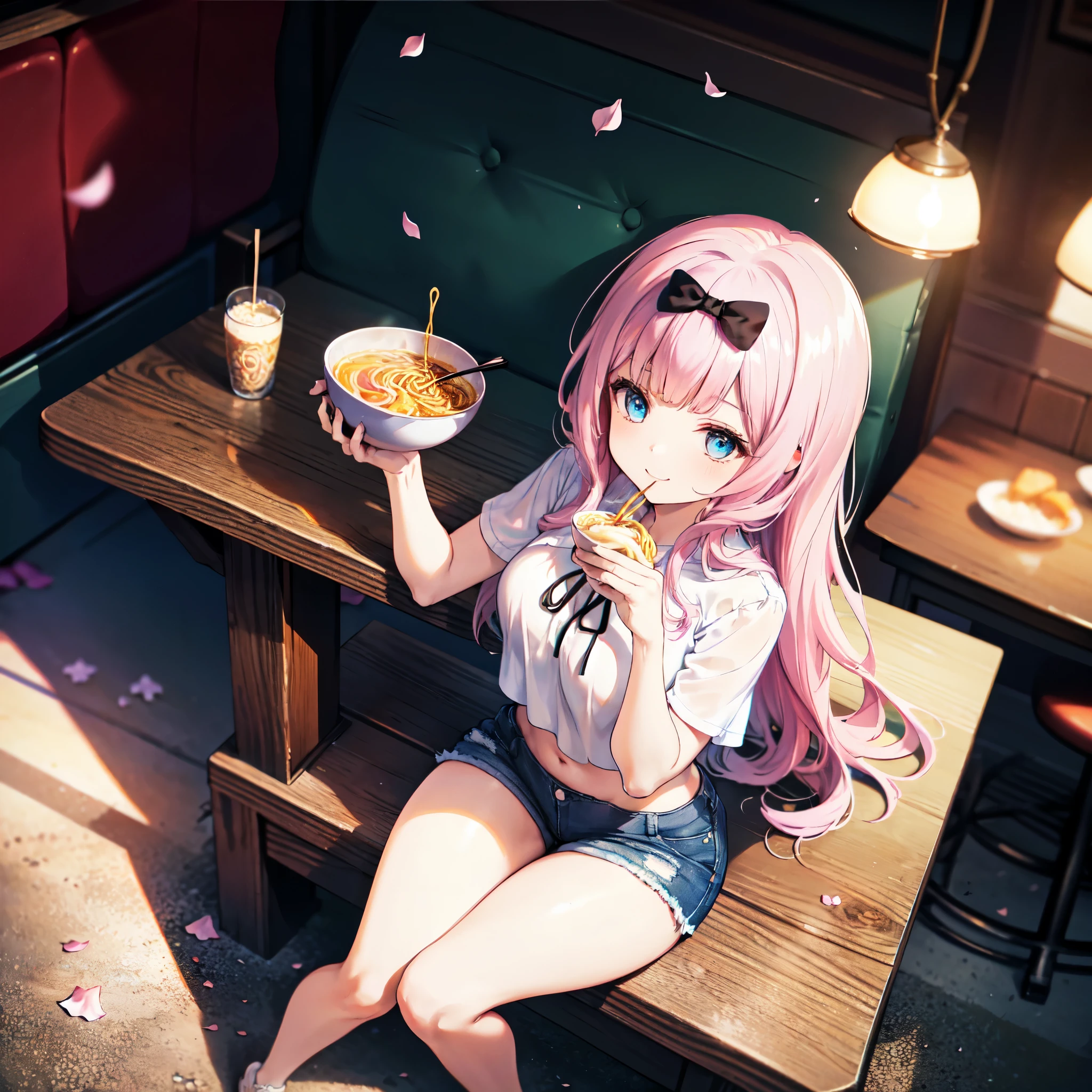 realistic image, detailed image, coherent image, 1 beautiful girl, she has very long hair, she has a black bow in her square bangs, pink hair, light blue eyes, smiling, winking, she is wearing a loose blouse, showing navel, mini jean shorts, sneakers, She has a curvy body, big breasts and thick thighs, She is sitting eating a bowl of ramen, sitting sensually, showing her legs, arching her back, surrounded by falling flower petals around, inside a restaurant, full body view, view from above, sunset, twilight, Soft focus, Dramatic shadows, Volumetric lighting, natural lighting,chika fujiwara