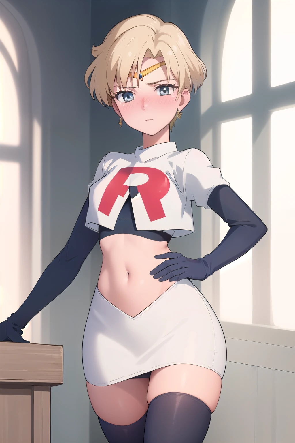 (best quality:1.1), (masterpiece:1.4), (absurdres:1.0),
1girl, sailor uranus, KizukiAi, mature woman, small breasts, aqua eyes, blonde hair, (blush:1.2), looking at viewer, team rocket,team rocket uniform,white skirt,red letter R,crop top,black thigh-highs,black elbow gloves
 