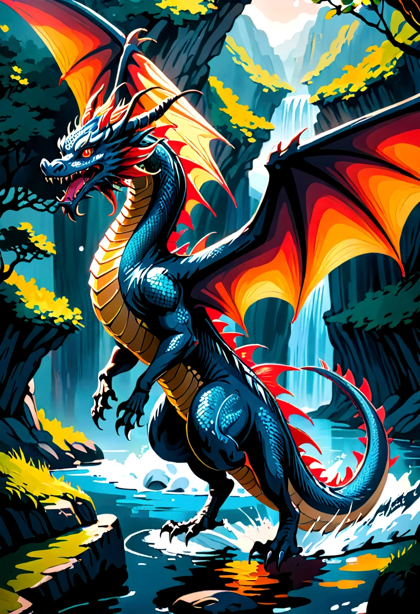 Ukiyoe style, ((picture taken from the back of dragon: 1.5)), digital art, arafed, a picture of a dragon flying above a river, its shadow is cast on the water dragon wings spread wide, dynamic color dragon, you see the back of the dragon, its majestic wings, its tail and river it is flying above, the shadow of dragon in the river, , Wide-Angle, Ultra-Wide Angle, dynamic light, Cinematic Hollywood Film style