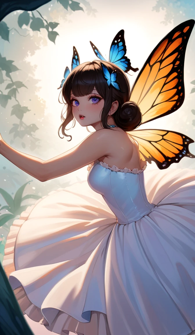 A girl with rainbow-colored butterfly wings growing from her back,moon