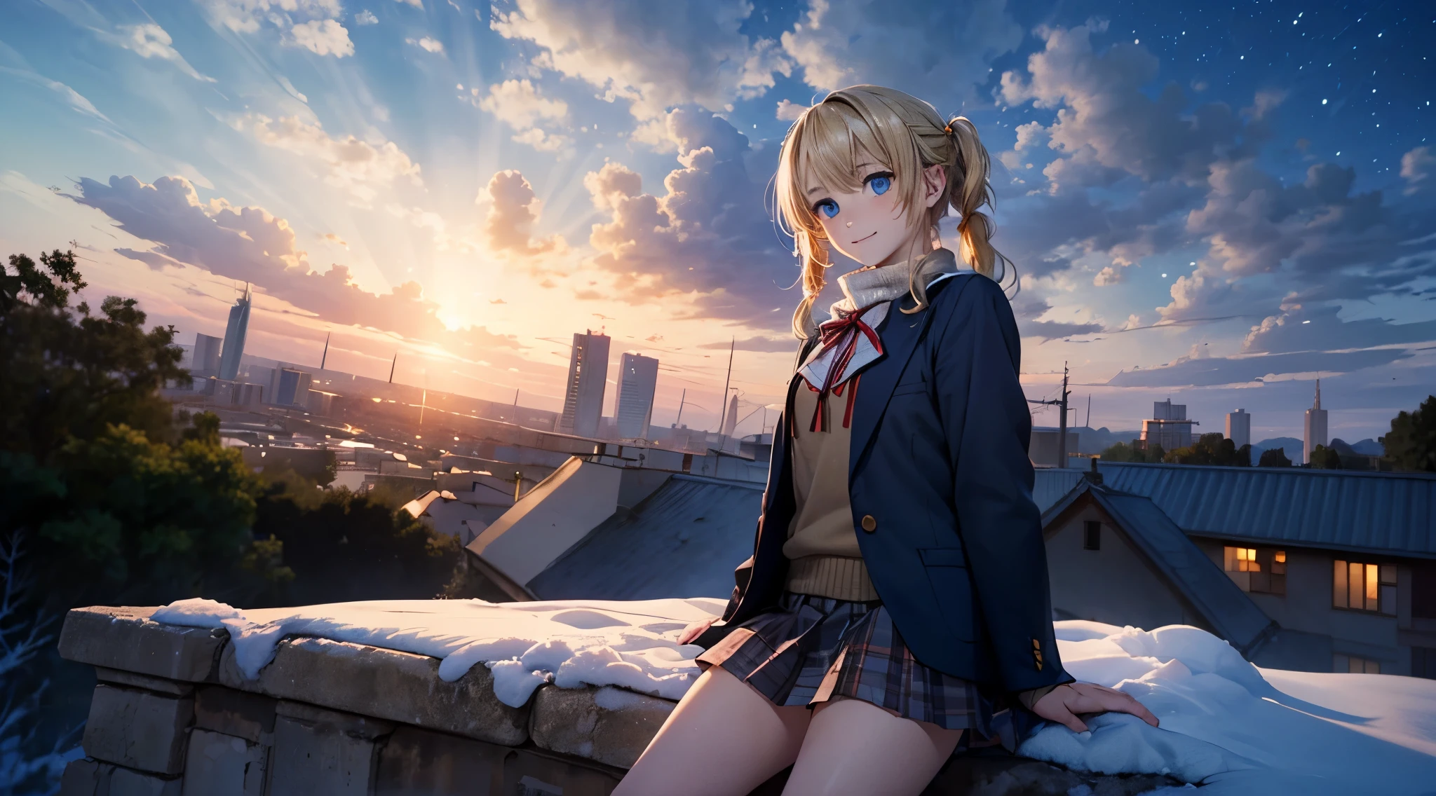 fullnude, masutepiece,8K,octans, Skysky, stele(Skysky), landscapes, starrysky, natta, looks at the camera, (Legs without stockings:1.iercing gaze, nigh sky, report, plein air, built, clouds, milkyway, City, silhuette, Cityscape,(Short, Low twin-tailed blonde hair:1.2), (Deep Blue Eyes:1.3, piercing gaze, small smile, (winter school uniform:1.1)