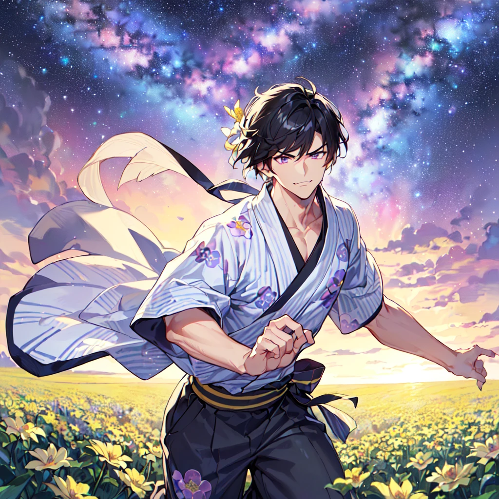 masterpiece,best quality,high quality,(1 male austere handsome solo adult age 30 years:1.5), purple eyes, cool with suspended eyes, V-shaped eyebrows, body strong and fearless 8.5 head tall, height 185 cm, (well-groomed black short hair to neck: 1.4), (bangs 7 thirds parted: 1.4), slender nose, facial muscles, throat, (trousers with yukata short sleeved southern star print: 1.3), (running), (stylish pose), (scowling smile: 1.3), (dynamic pose), (background Milky Way and southern star flower field: 1.5).