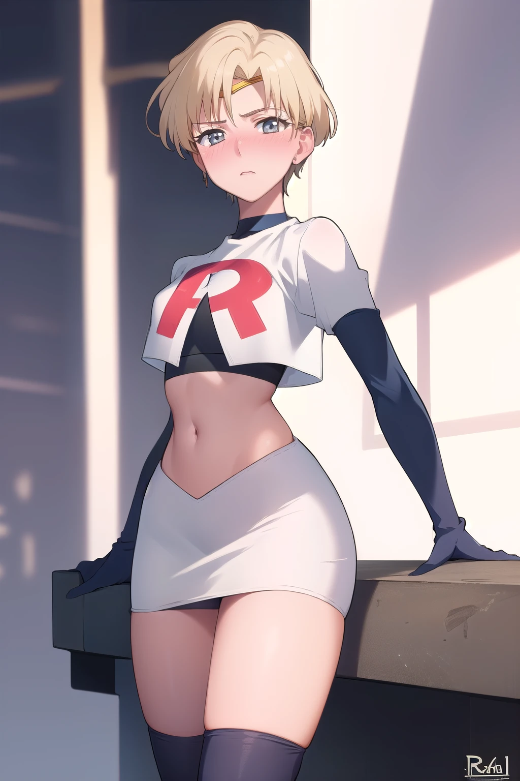 (best quality:1.1), (masterpiece:1.4), (absurdres:1.0),
1girl, sailor uranus, KizukiAi, mature woman, small breasts, aqua eyes, blonde hair, (blush:1.2), looking at viewer, team rocket,team rocket uniform,white skirt,red letter R,crop top,black thigh-highs,black elbow gloves