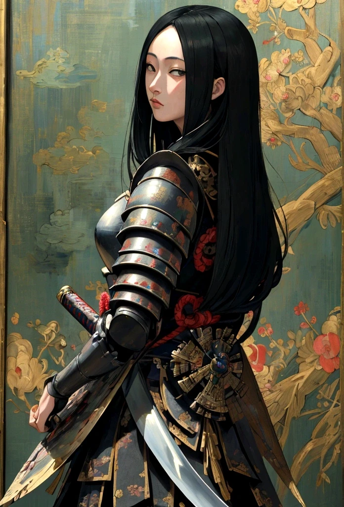 a picture of Japanese female knight, she has long black hair, wearing samurai armor, armed with a katana, ready for battle, ((shot taken from the back)), Japanese fantasy art, (Masterpiece: 1.5), 16k, highres, best quality, high details, ultra detailed, masterpiece, best quality, (extremely detailed), arafed, dnd art